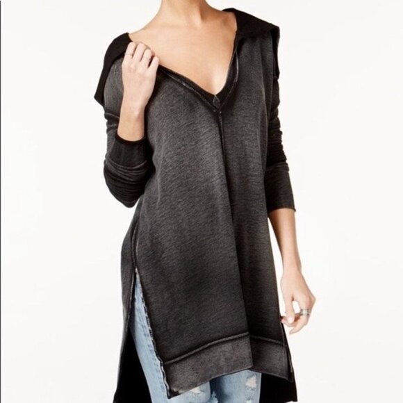 RARE Free People Green Casual Boho Oversized Plunging V-Neck Hooded Tunic Top - Picture 14 of 16